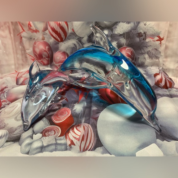 Crystal Blue Dolphin Fifth Avenue Art Glass Blue & Clear Set of 2 Dolphins - Picture 14 of 16